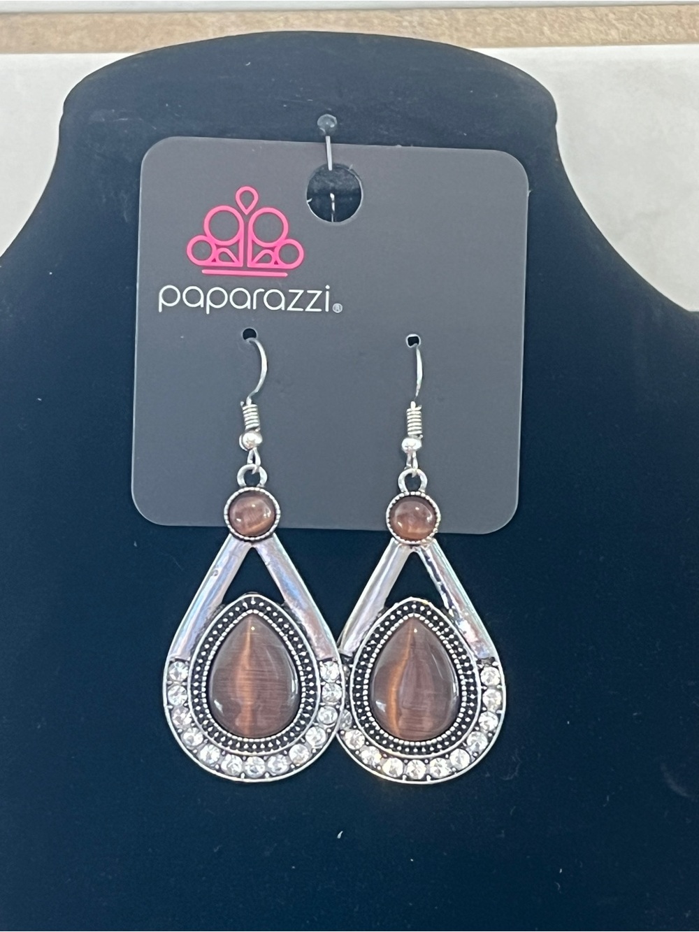 Paparazzi Brown Teardrop Dangle Earrings with Crystal Halo